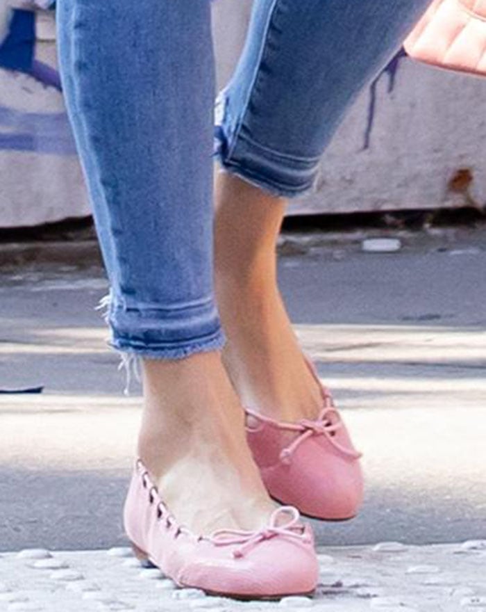 Nicky Hilton matches her feminine pink jacket with pink French Sole Charlott flats