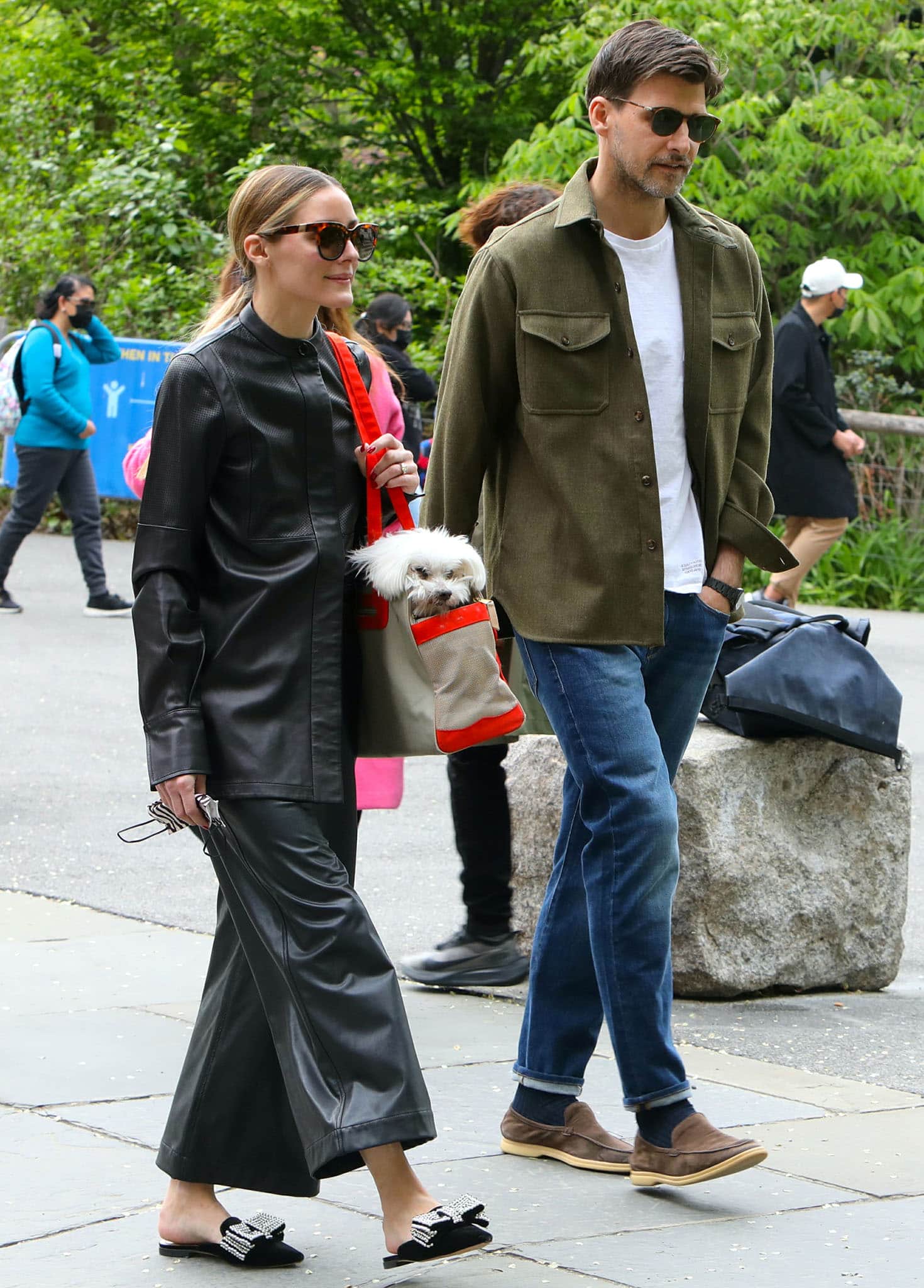 Olivia Palermo and husband Johannes Huebl take their dog Mr. Butler to the Park in Dumbo, Brooklyn on May 10, 2021