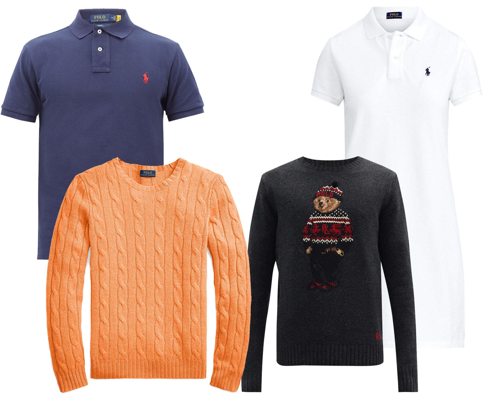 Ralph Lauren's must-haves include the classic polo shirt and polo dress, the brand's cable-knit cashmere sweater, and Polo bear jumper