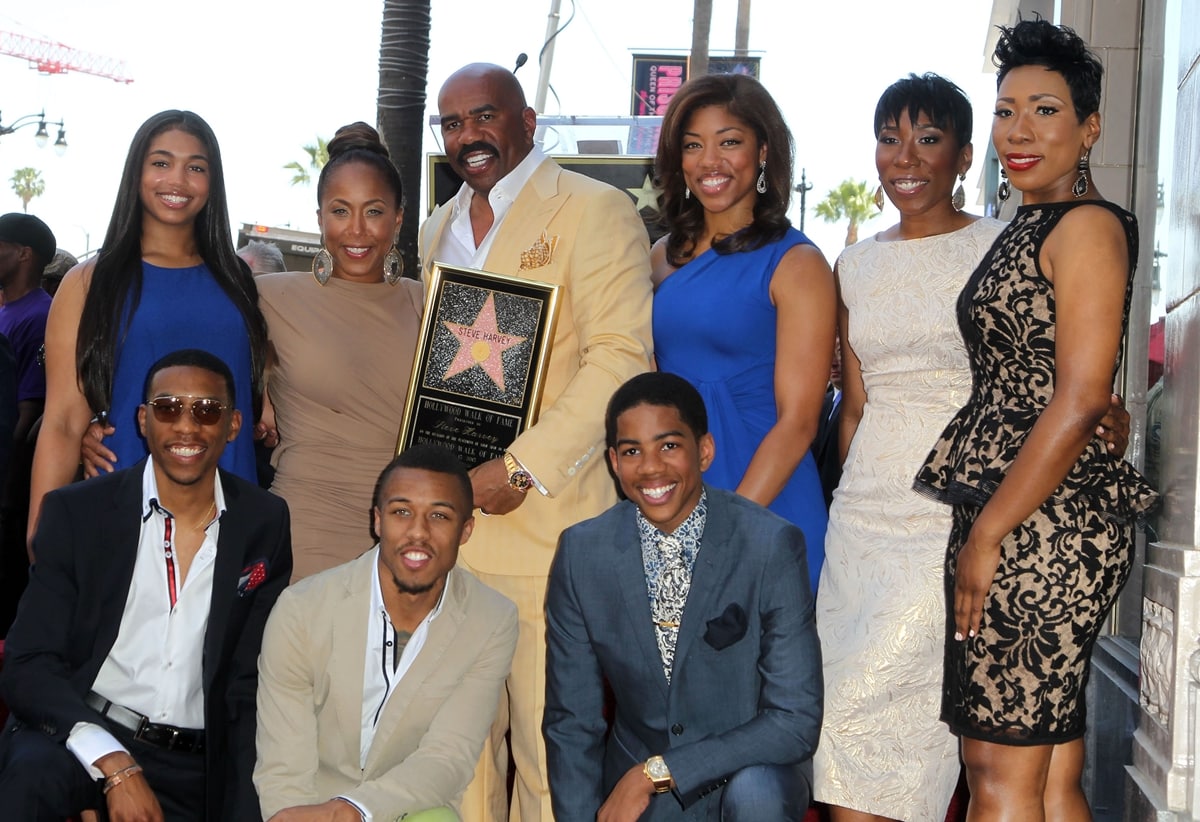 Lori Harvey, Marjorie Elaine Harvey, Steve Harvey, Wynton Harvey, Brandi Harvey, Karli Harvey, Jason Harvey, and Broderick Harvey Jr. attend the ceremony honoring him with a Star on The Hollywood Walk of Fame