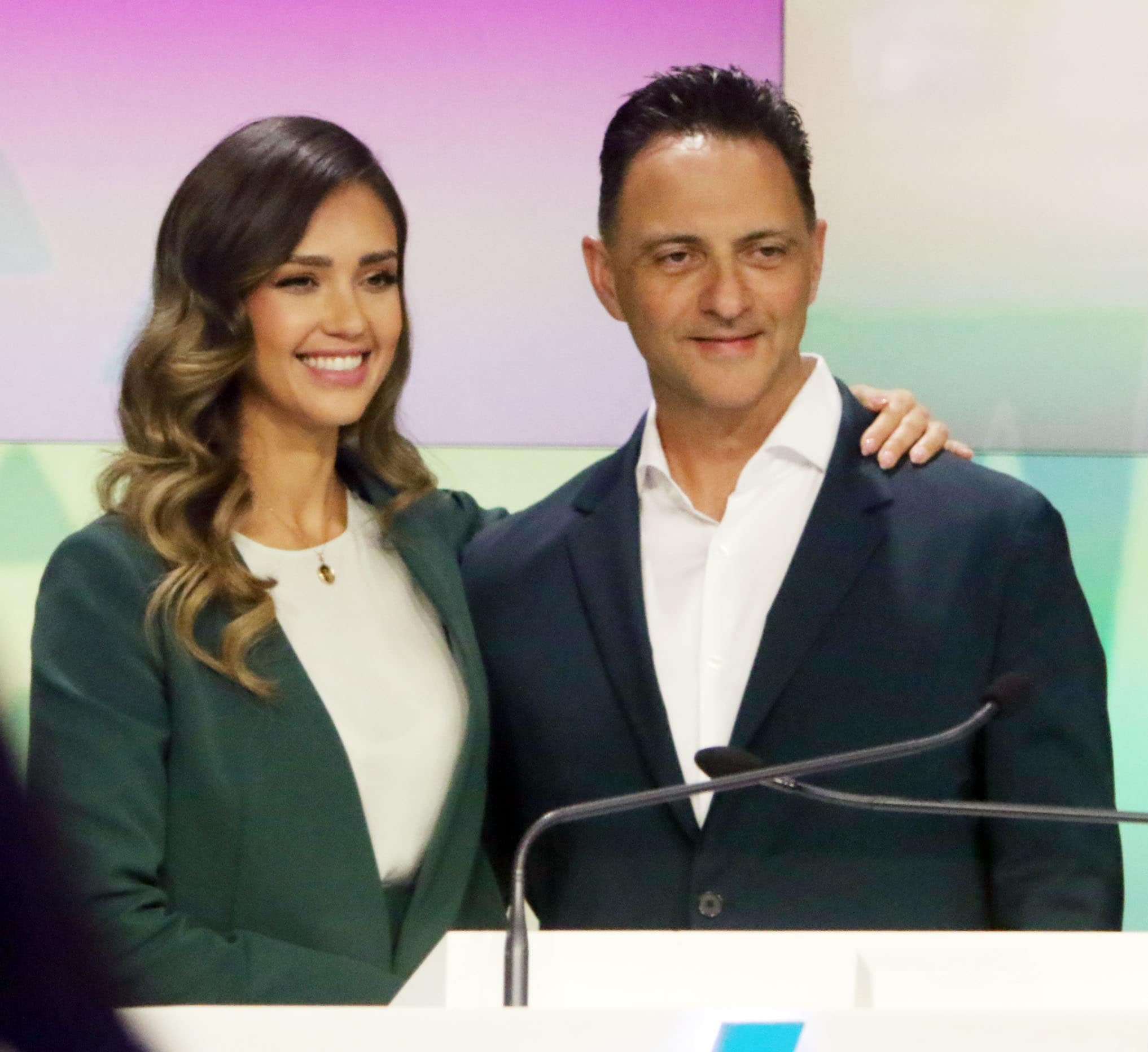 The Honest Company founder and Chief Creative Officer Jessica Alba and CEO Nick Vlahos ring the Nasdaq Stock Market opening bell on May 5, 2021