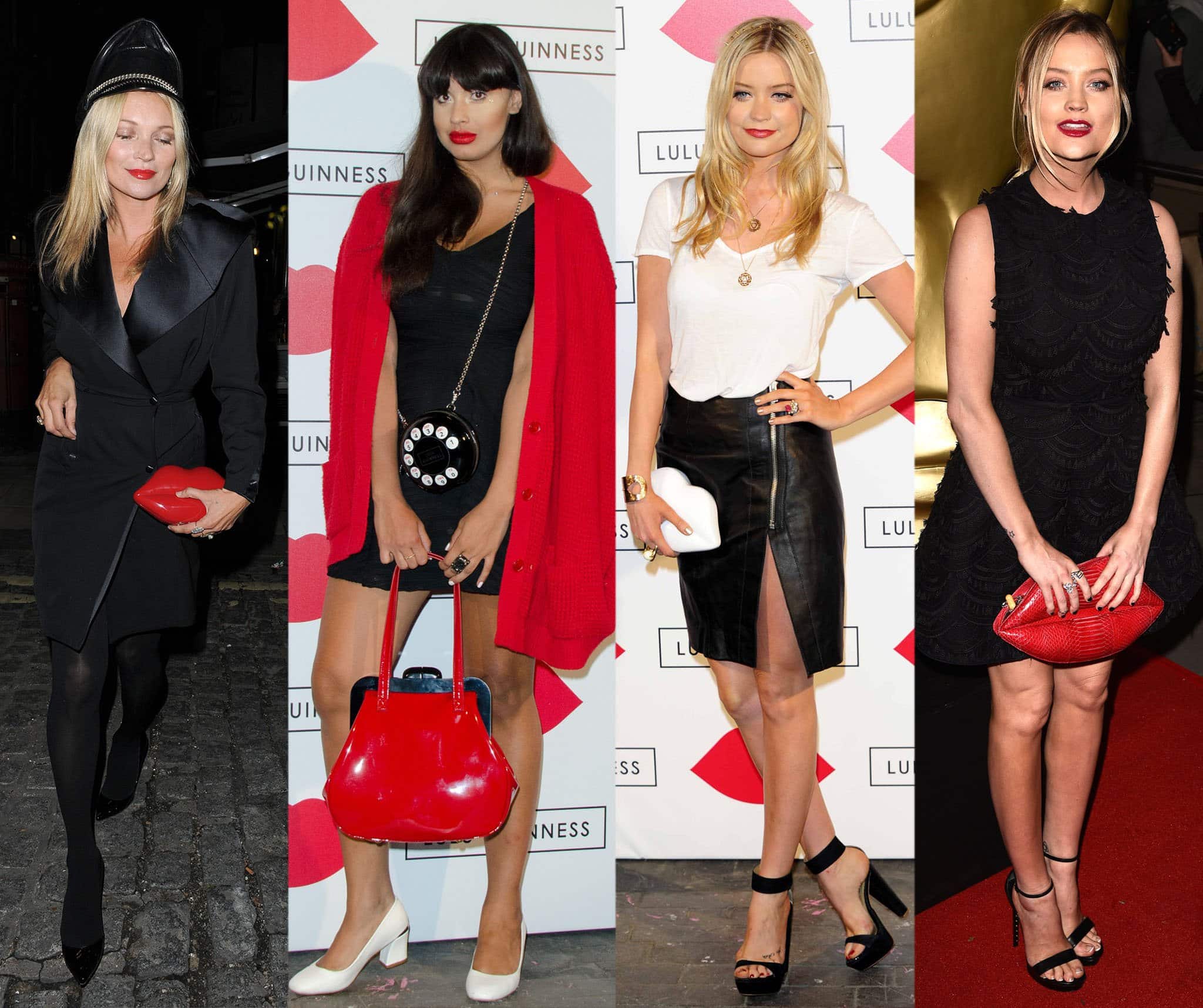 Kate Moss, Jameela Jamil, and Laura Whitmore carrying Lulu Guinness' popular lips clutch