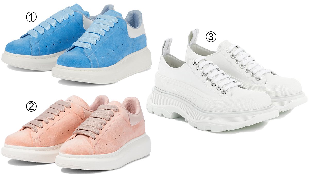 Alexander McQueen's minimalistic yet colorful chunky sneakers: Blue and Pink Oversized Suede and White Leather, showcase a blend of elegance and a pop of color