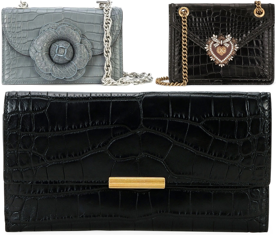 Dark grey alligator leather Tro crossbody bag from Oscar de la Renta (top left), alligator leather Devotion shoulder bag from Dolce & Gabbana (top right), and Bottega Veneta continental wallet in genuine soft alligator skin (bottom)