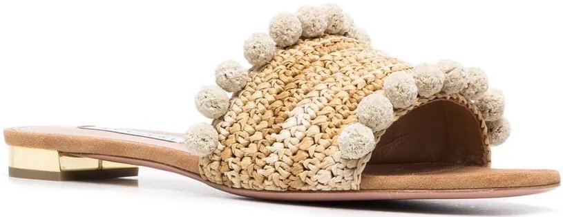 These slip-on summer mule sandals are finished with pompom detailing