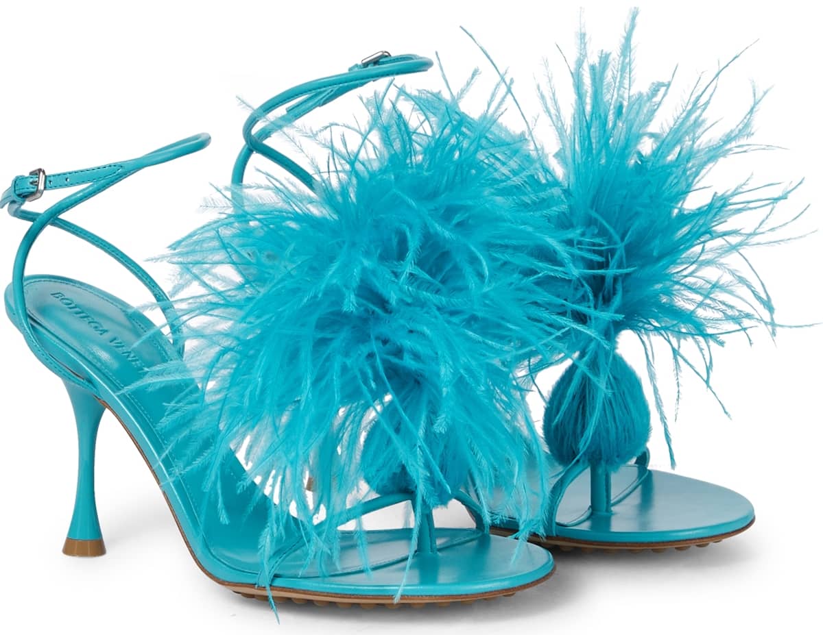 Bottega Veneta's turquoise Dot stiletto heel sandals are made from lamb leather with ostrich feathers