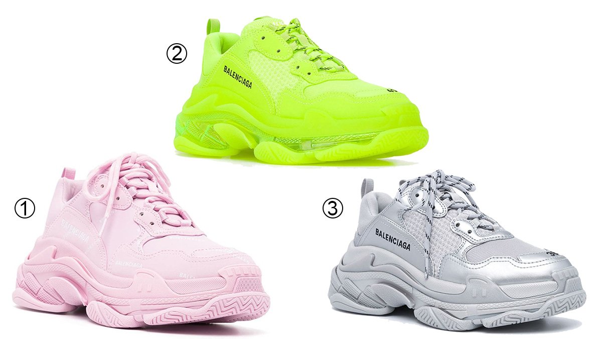 A showcase of Balenciaga's trendsetting chunky sneakers: the Pink Allover Logo Triple S, Yellow Triple S Clear Sole, and Silver Triple S, illustrating the brand's influence in reviving the chunky sneaker trend