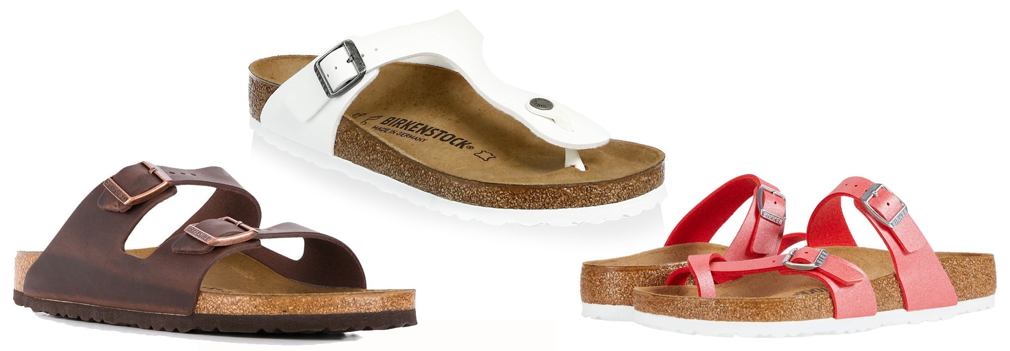 Classic Birkenstock sandals showcasing the Arizona two-strap, Gizeh T-strap, and Mayari sandal for effortless style