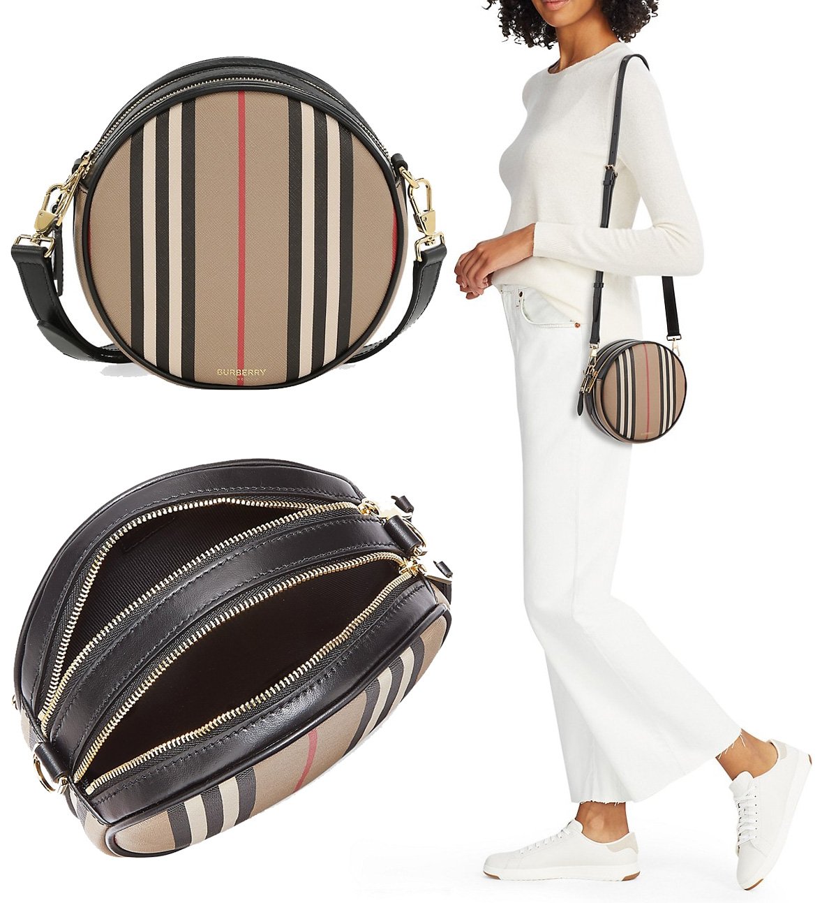 A circular purse that has Burberry's signature stripe and an adjustable convertible strap that can be worn across the body or around the waist