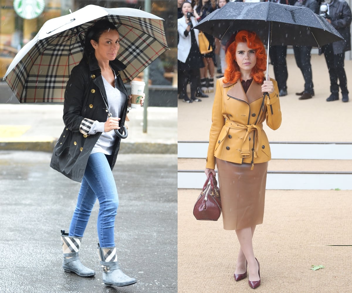 Danielle Staub sports a Burberry umbrella, while Paloma Faith complements her Burberry raincoat with striking neon orange hair and a burgundy handbag
