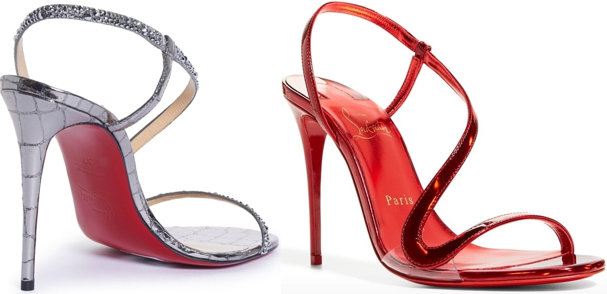 Crystal-encrusted silvery croc-embossed and shiny red patent leather sandals