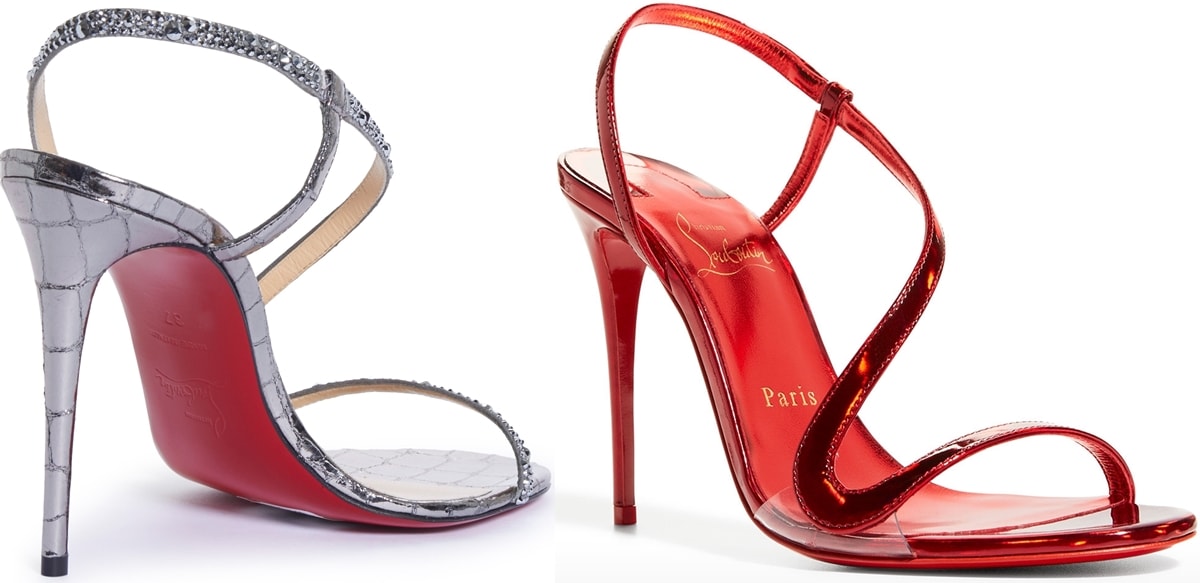 Sparkling silvery croc-embossed and glossy red patent leather Rosalie sandals by Christian Louboutin