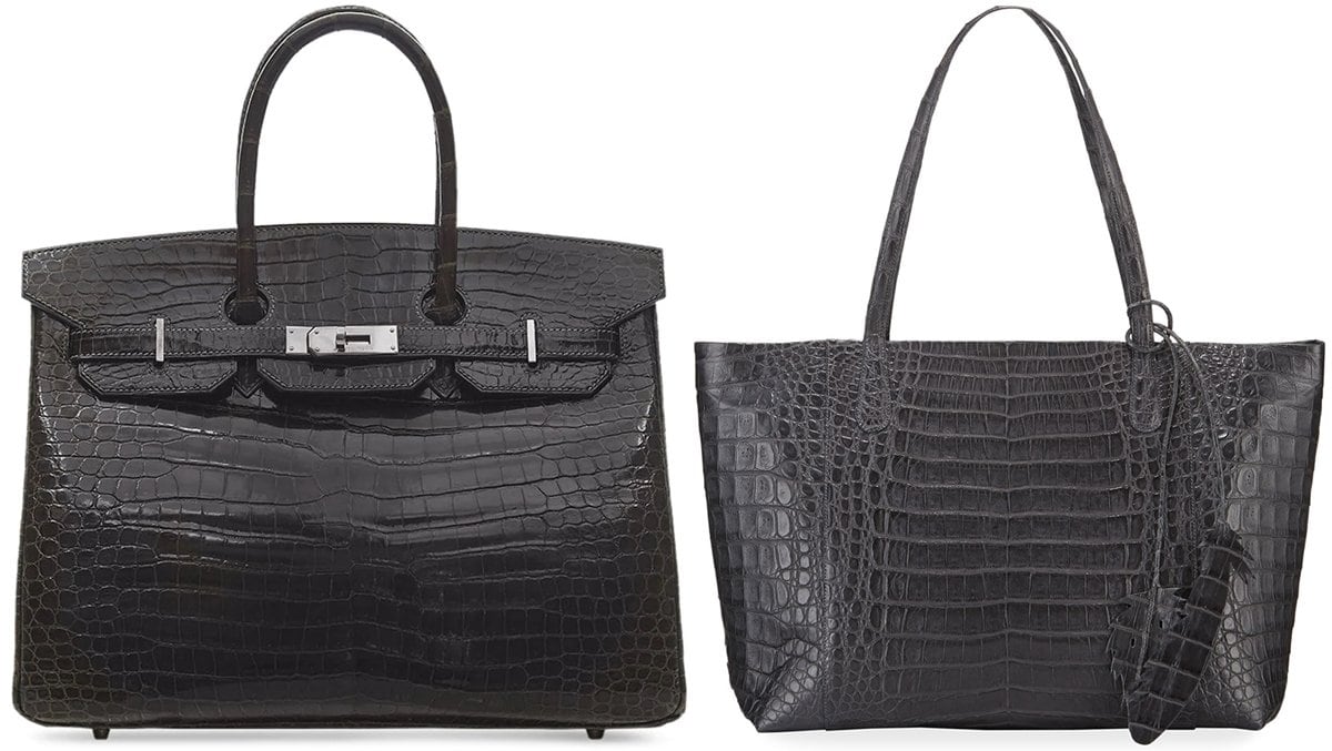 Black Hermès saltwater crocodile leather Birkin bag (L) and Nancy Gonzalez tote bag in signature Caiman crocodile (R)