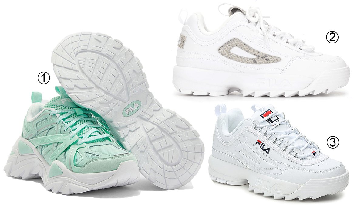 Fila's retro-inspired chunky sneakers: Teal Electrove 2, White Disruptor 2 Women's, and Disruptor 2 Premium, capturing the '90s vibe with modern flair