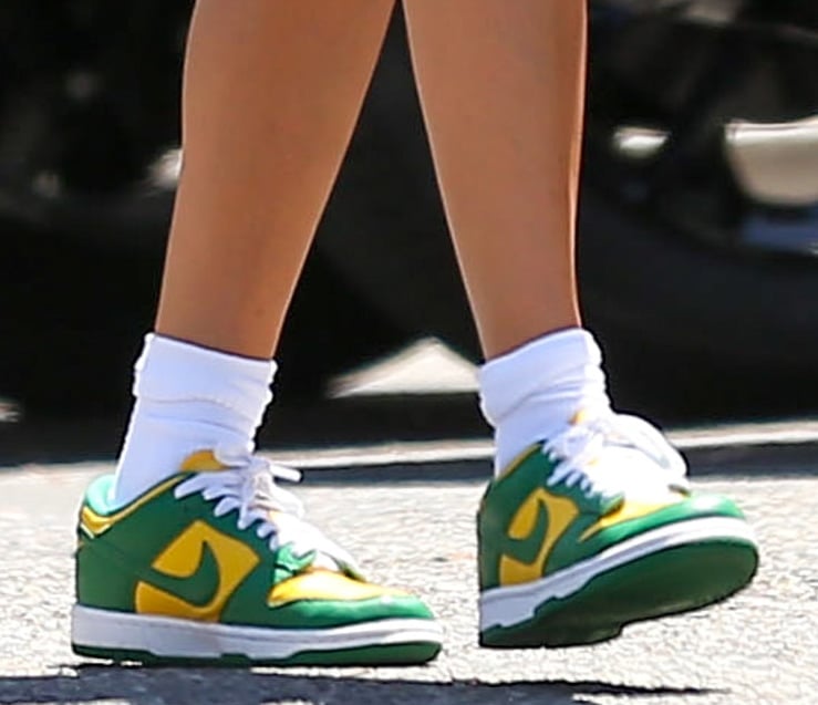 Hailey Bieber completes her chic workout look with Nike Dunk Low Brazil shoes