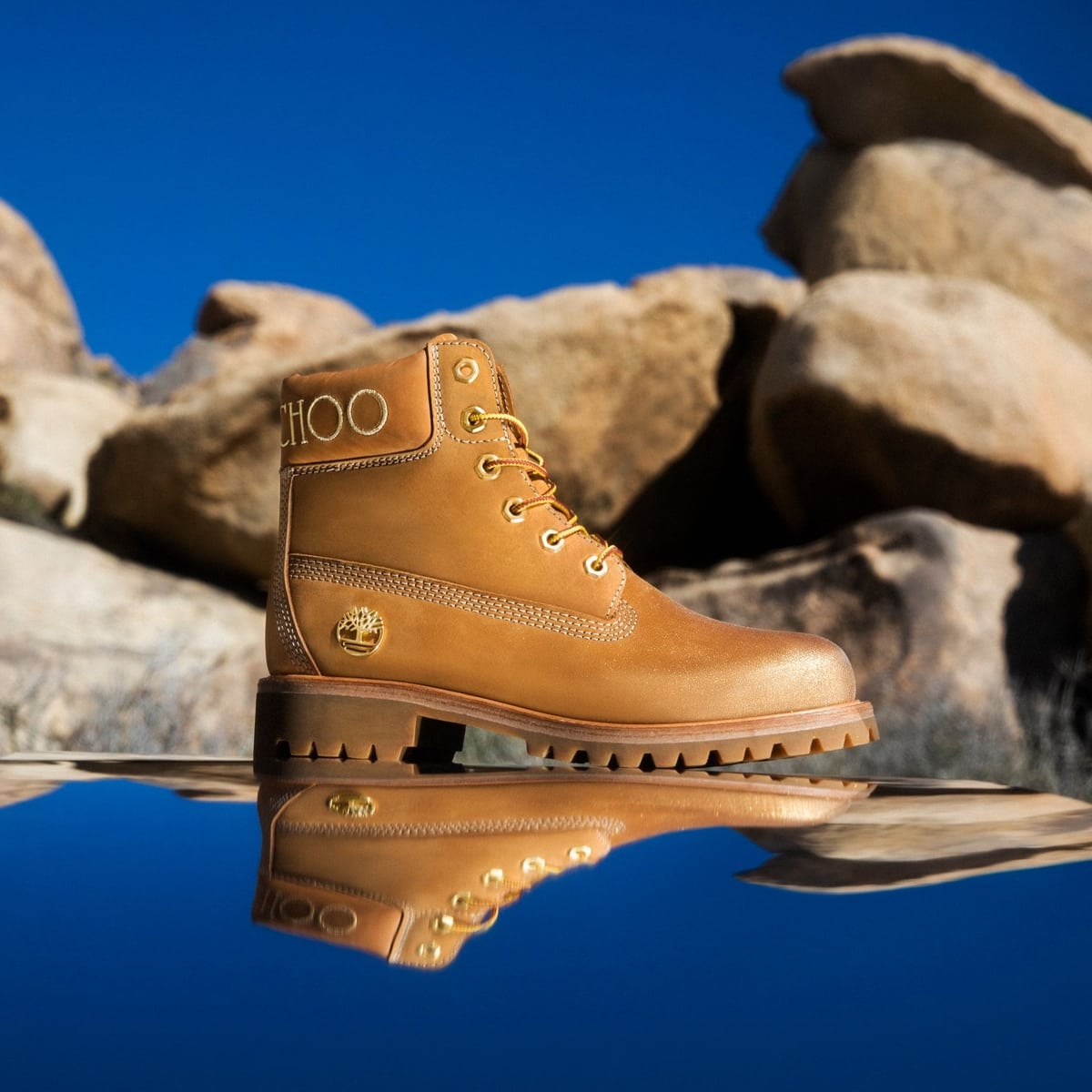 Jimmy Choo x Timberland wheat nubuck leather boots with gold glitter