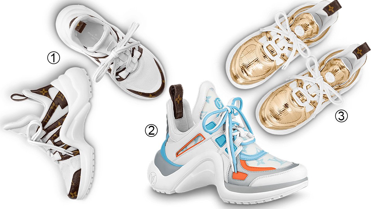 Louis Vuitton's unique luxury chunky sneakers: White, Blue, and Gold LV Archlight, showcasing a distinctive style with a modern edge, first seen in their Spring/Summer 2018 collection