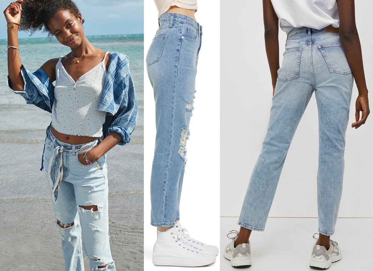 Redefining comfort: American Eagle's stretch ripped high-waist mom jeans, BP's classic mom jeans, and H&M's ankle-length mom jeans - a nostalgic yet trendy revival in denim fashion