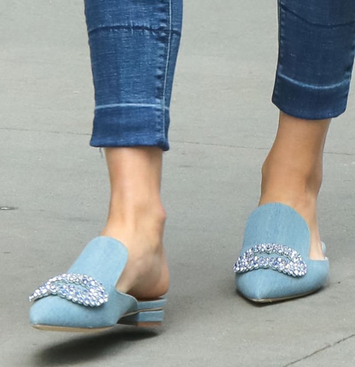 Olivia Palermo finishes off her chic casual look with Giannico Daphne denim mules