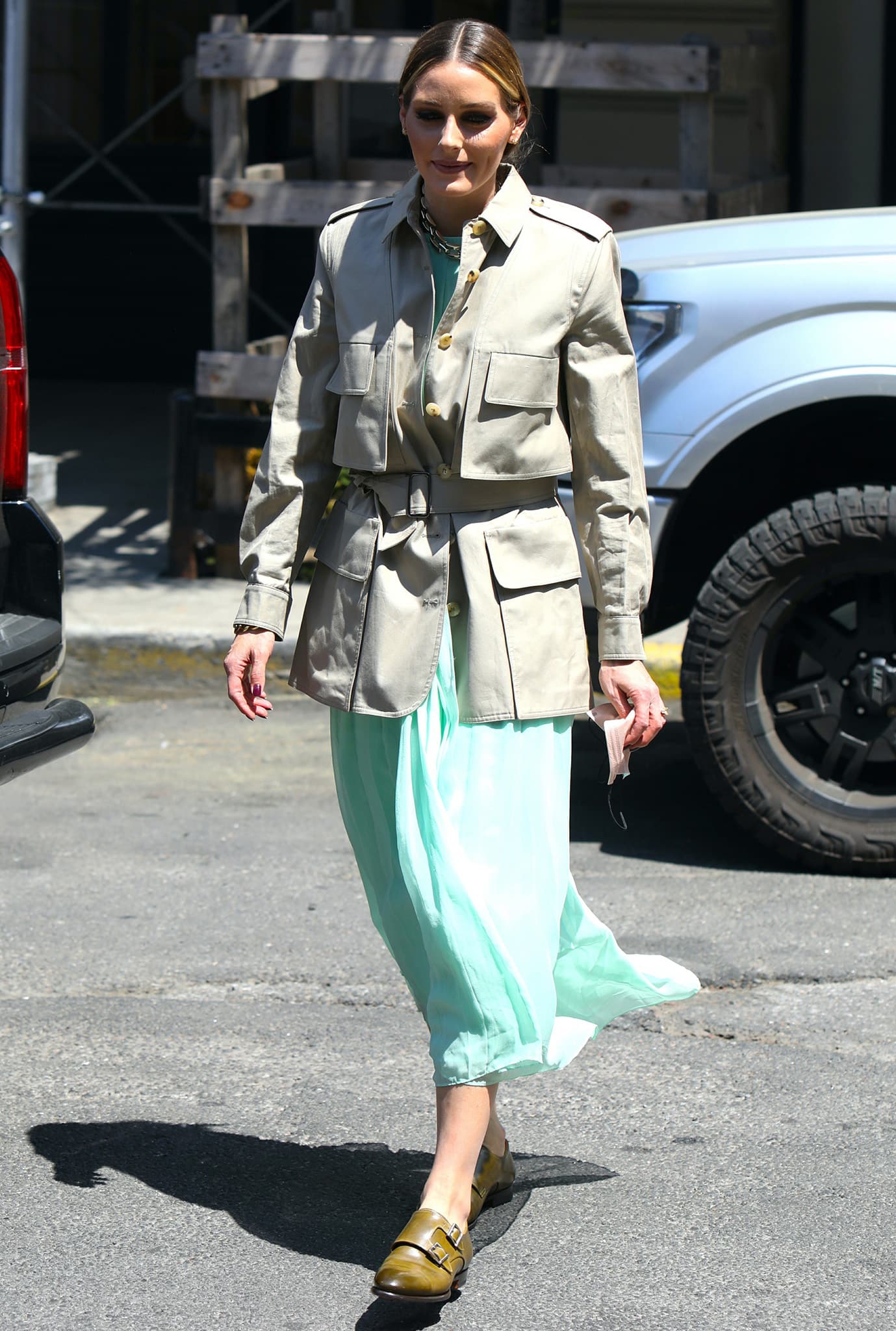 Olivia Palermo teams up with The Sicily Hill candles in a Tibi dress and Max Mara jacket on May 19, 2021