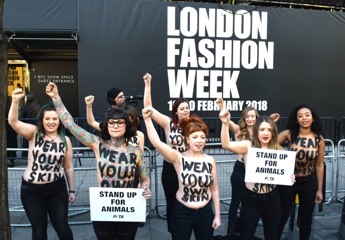 A group of female PETA supporters braved the winter weather and bared their skin for a radical vegan protest at the start of London Fashion Week in February 2018 and encouraged passers-by to stand up for animals by leaving fur, leather, shearling, and other animal-derived materials out of their wardrobes