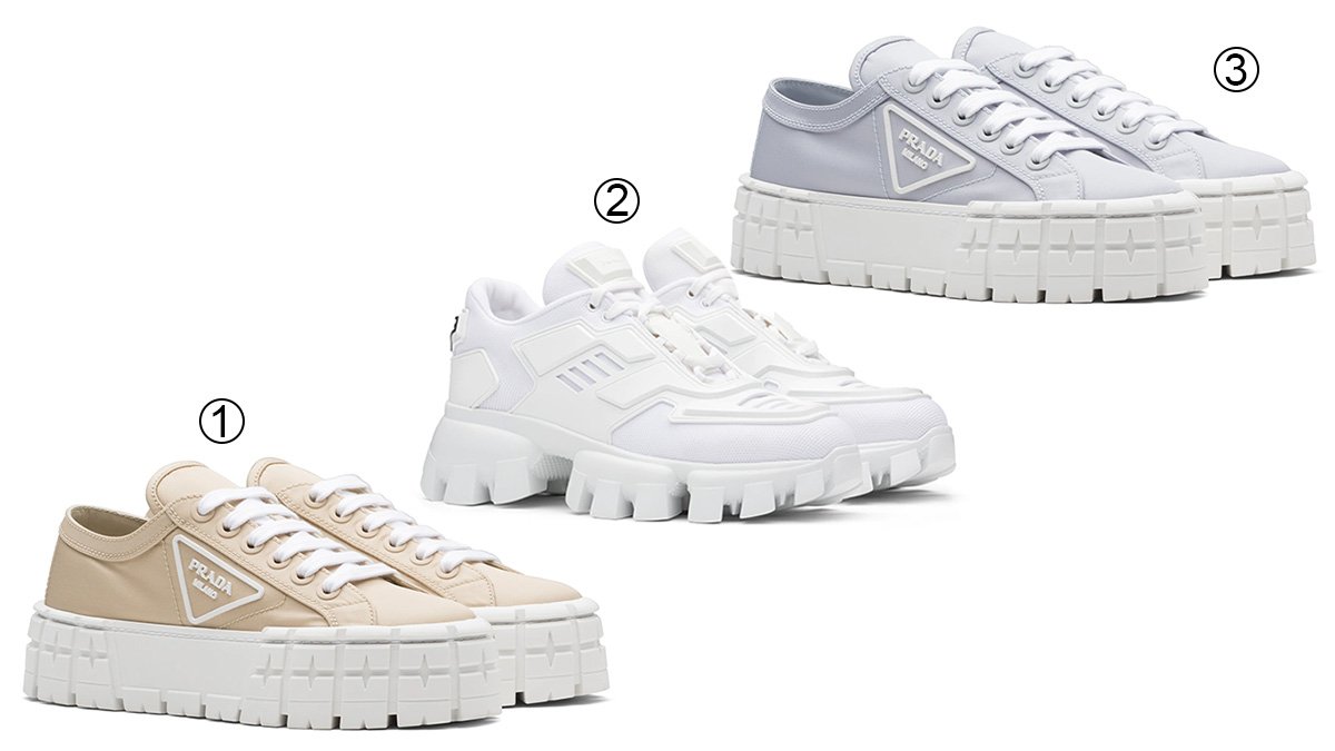 Prada's unique approach to chunky sneakers, featuring the Desert Beige Double Wheel Nylon Gabardine, White Cloudbust Thunder, and Cornflower Blue Double Wheel Nylon Gabardine, blending maximalism with minimalism