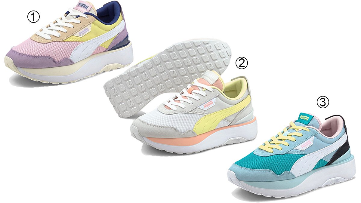 Puma's vibrant Cruise Rider collection: Lady Pink, White-Nimbus Cloud, and Aquamarine sneakers, adding a playful and colorful twist to the chunky sneaker trend