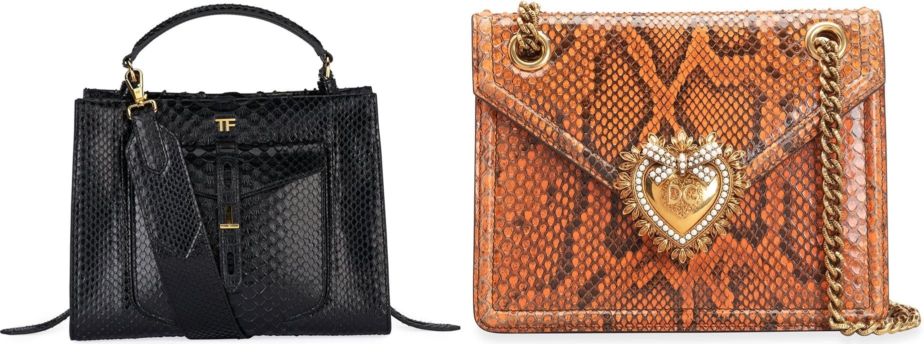Tom Ford top-handle bag in genuine python snakeskin (L) and Dolce & Gabbana python crossbody bag with leather trim (R)