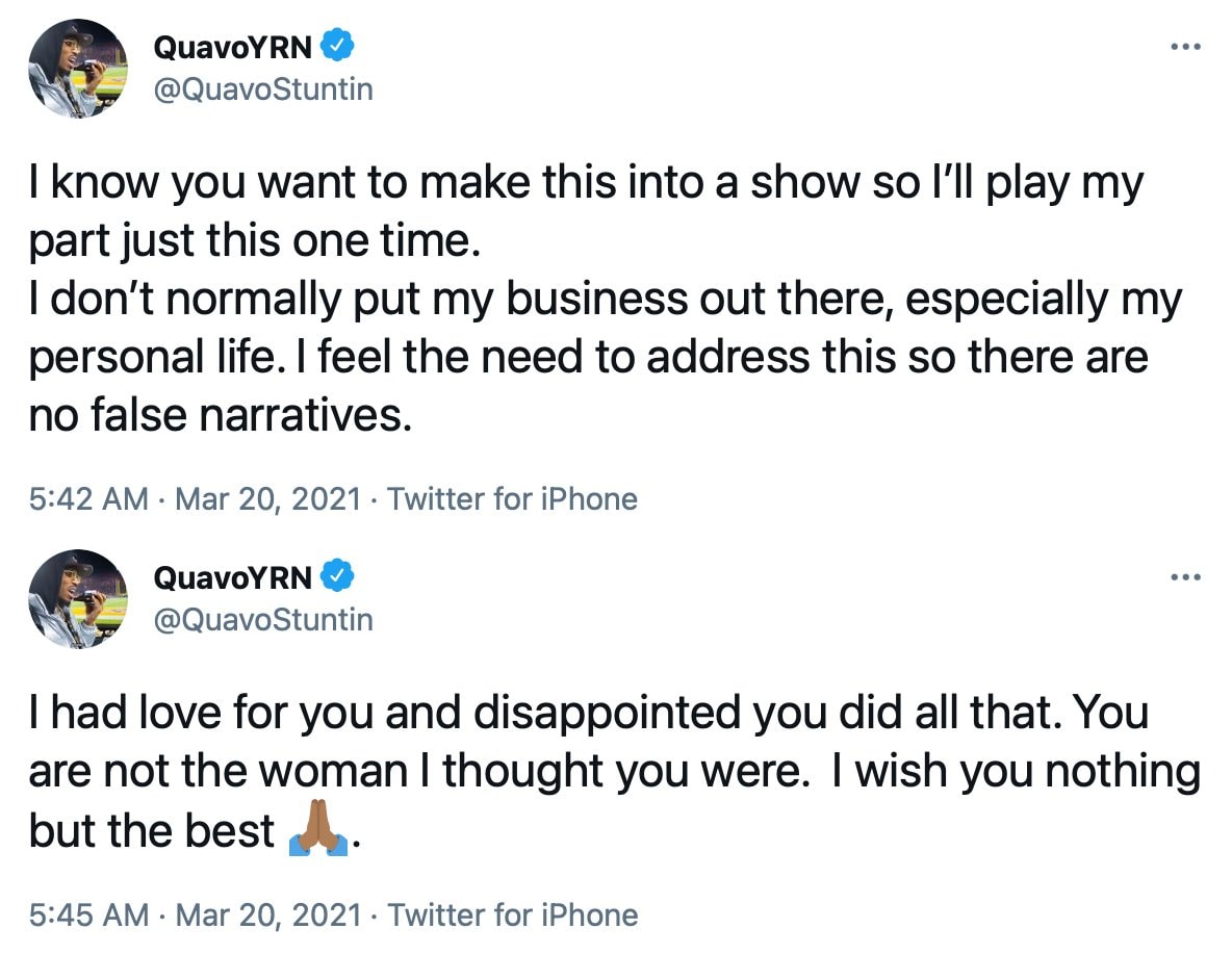 Quavo denies cheating allegations following his breakup with Saweetie