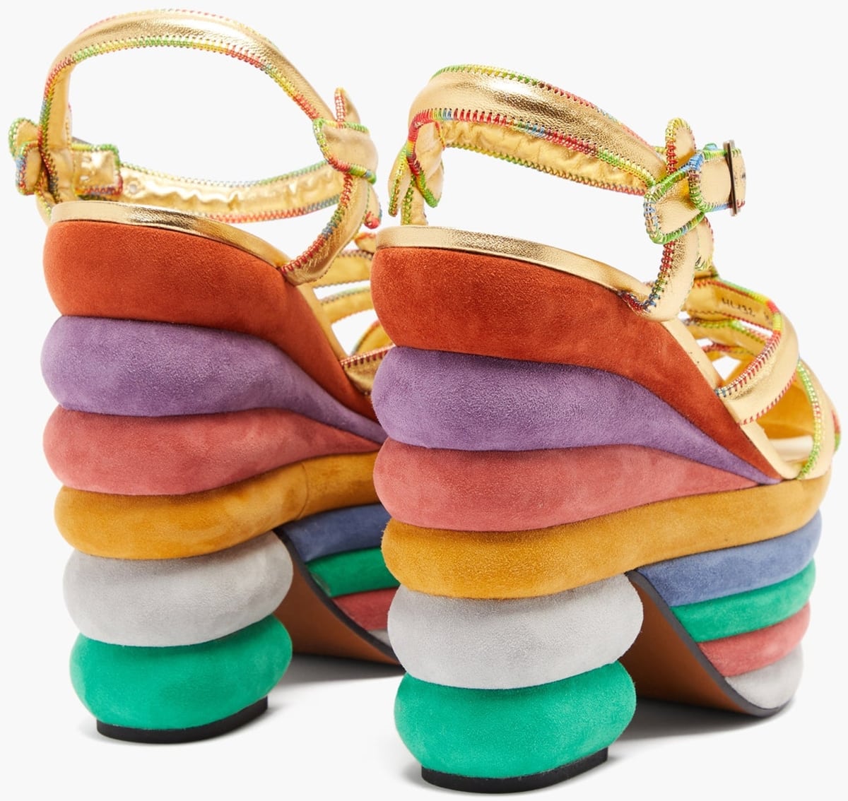 The cushiony multicolored suede layers forming the platform and block heel