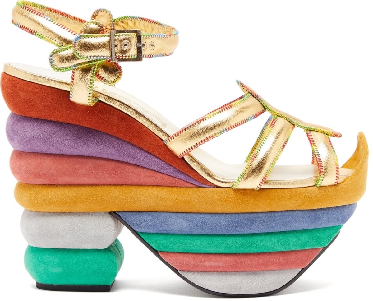 Salvatore Ferragamo's goatskin leather and suede Rainbow 1938 platform sandals