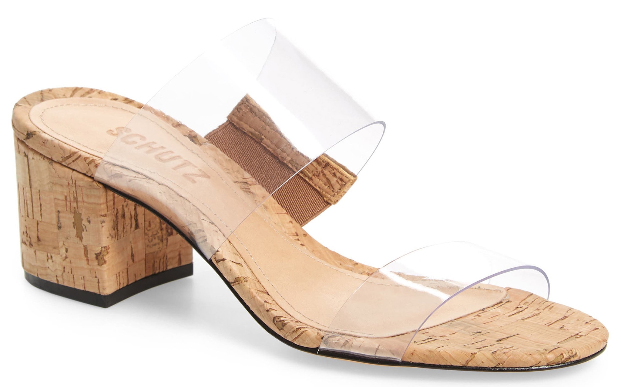 Schutz's Victorie slide sandal features minimalist clear straps with classic block heels in cork material