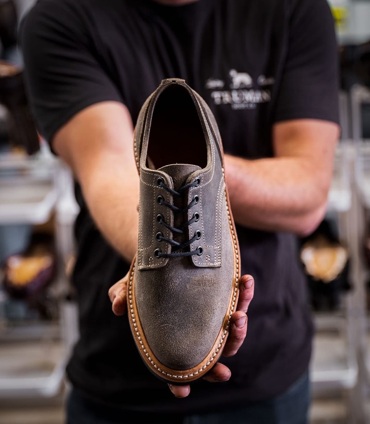 This Gray Waxy Rough Out derby shoe and all other shoes from Truman Boot Co. are created in Eugene, Oregon entirely by hand