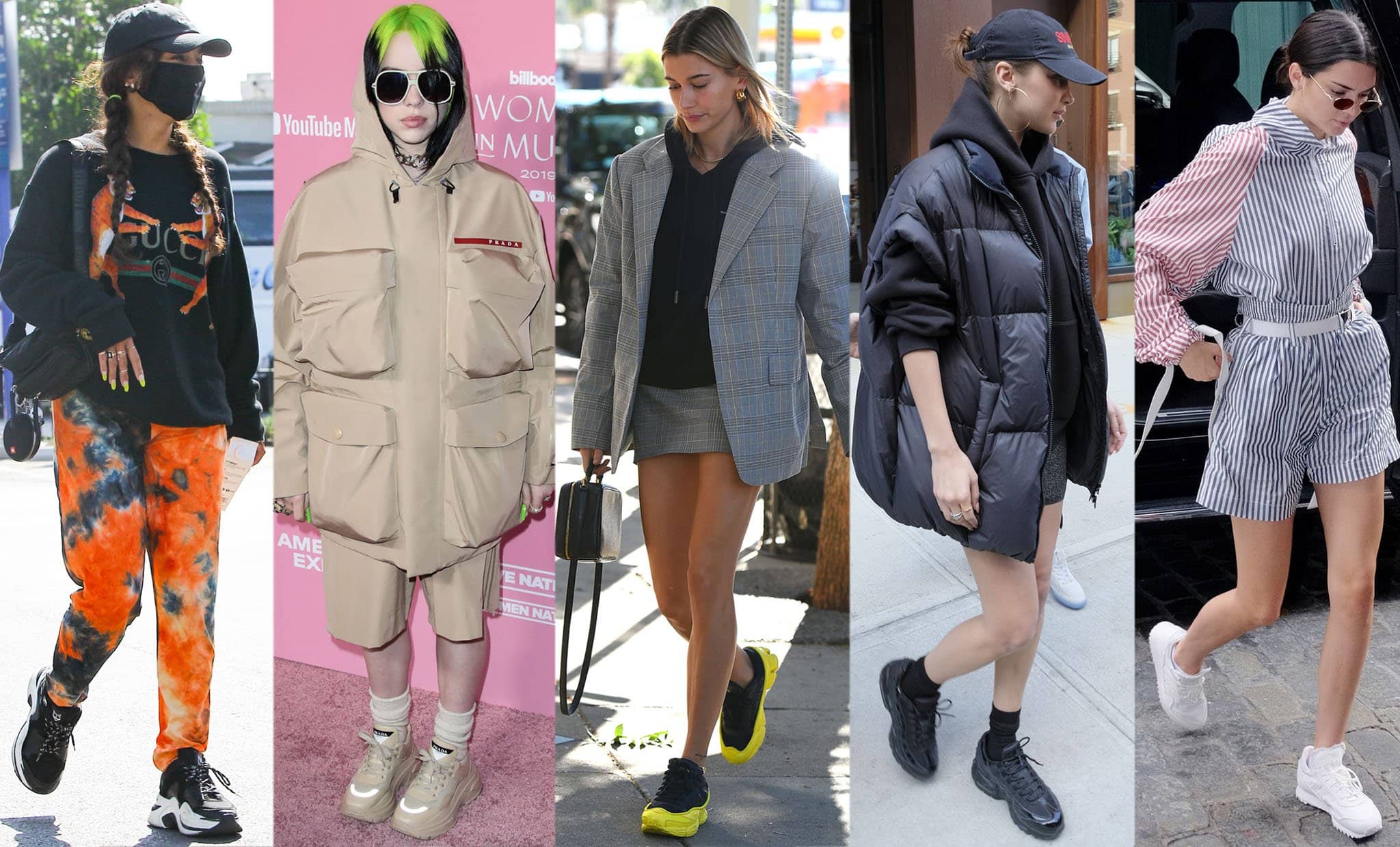 Vanessa Hudgens, Billie Eilish, Hailey Bieber, Bella Hadid, and Kendall Jenner showcasing the versatile style of chunky sneakers, demonstrating their transition from gym wear to fashion statements