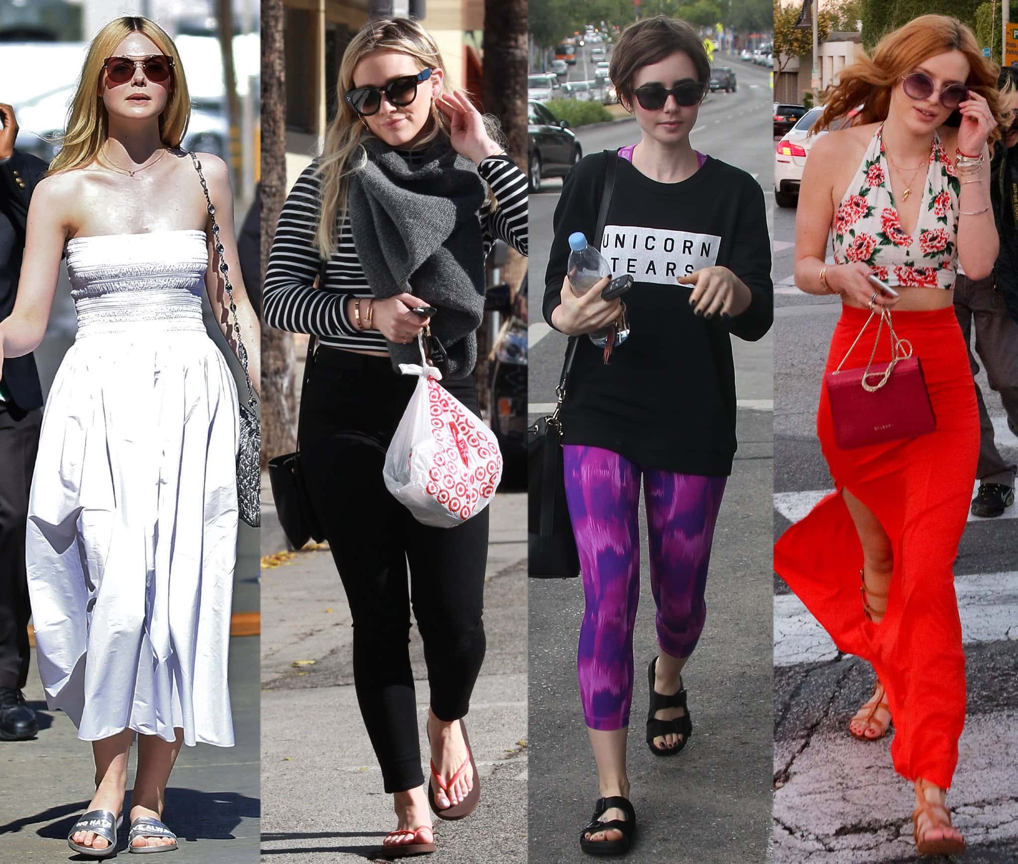 Elle Fanning, Hilary Duff, Lily Collins, and Bella Thorne wearing comfy summer sandals