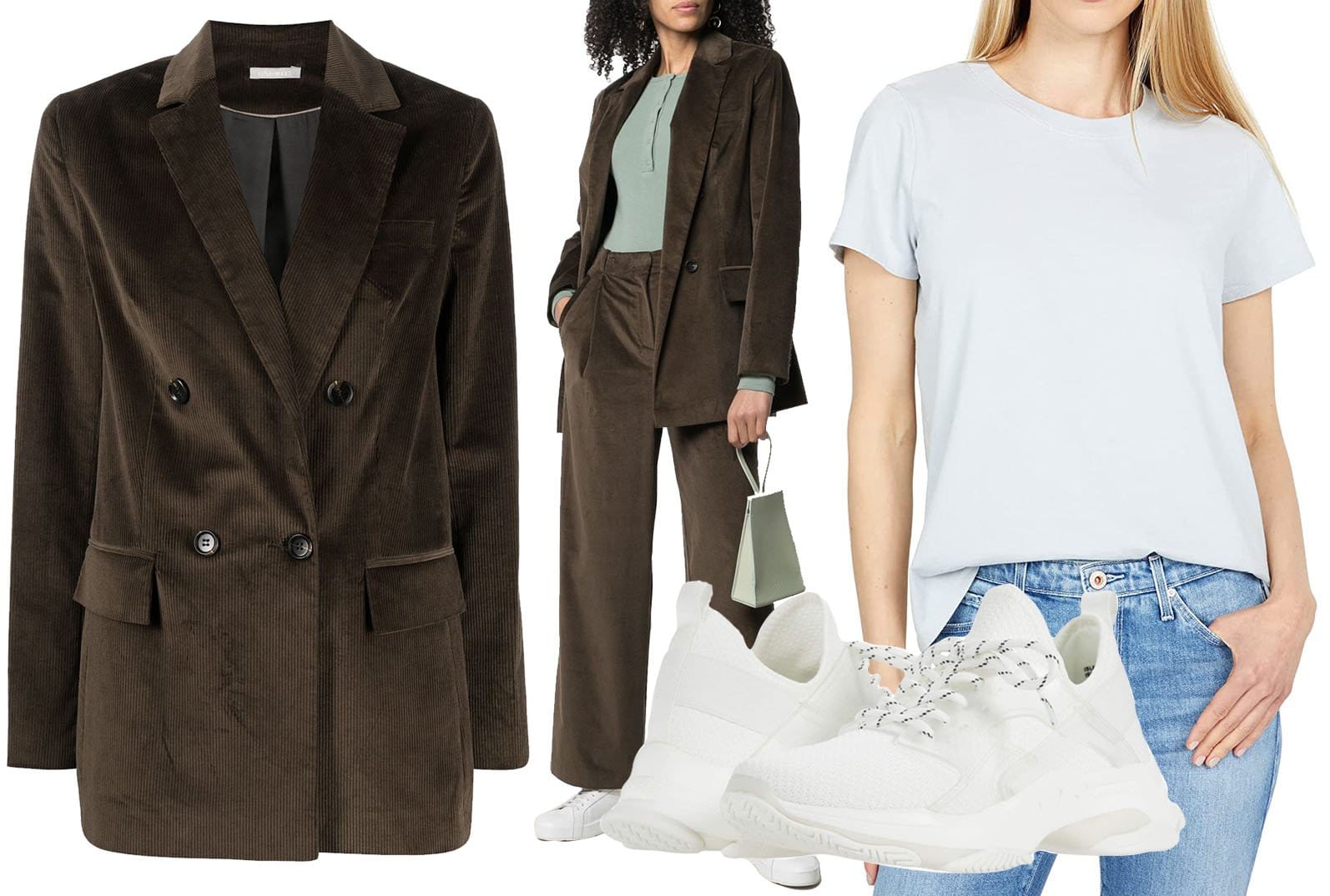 12 Storeez Oversized Double-Breasted Blazer, 12 Storeez Corduroy Wide-Leg Trousers, Madewell Northside Vintage Tee, Steve Madden Isles 2 Sneakers