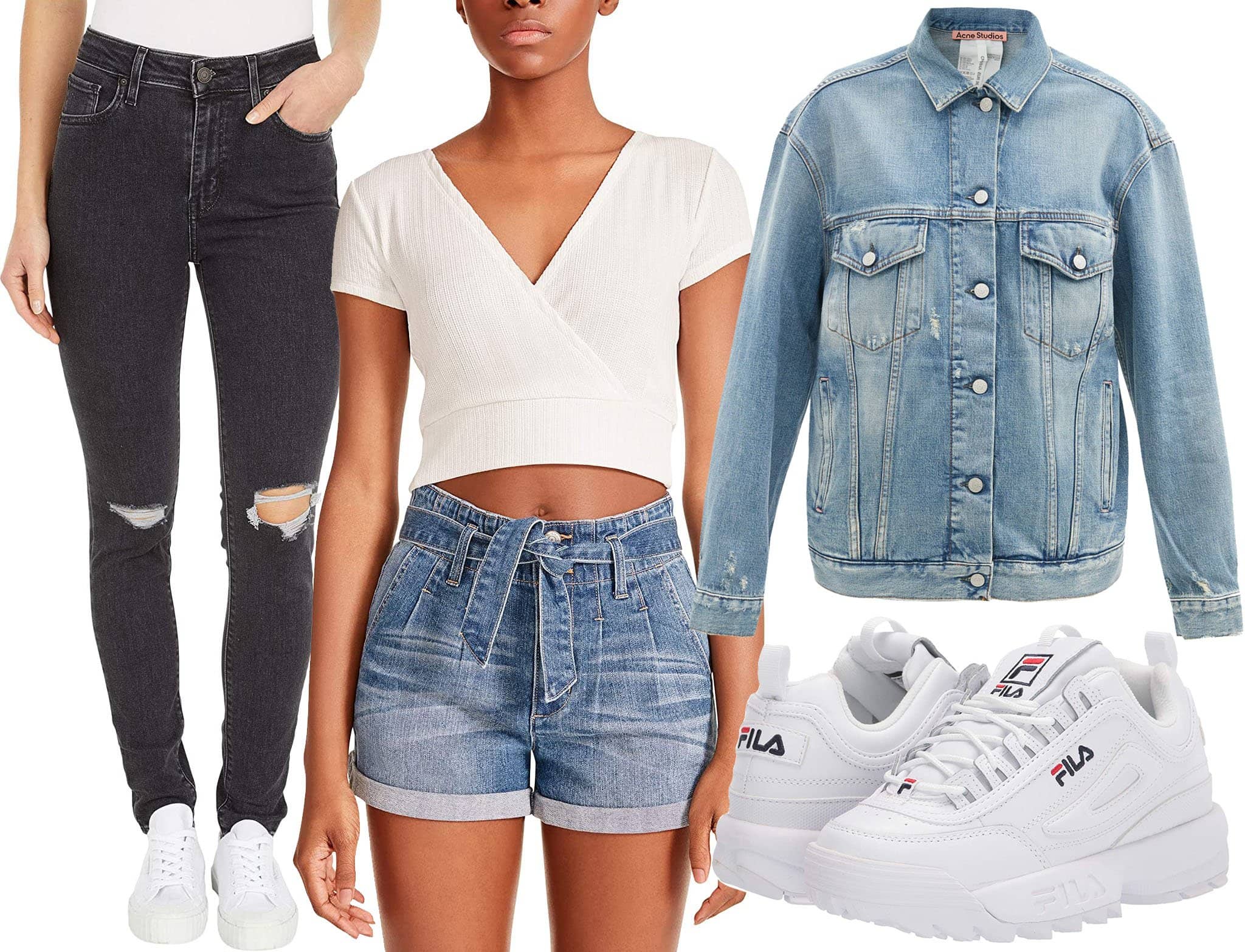 Casual elegance redefined: Pairing Fila Disruptor II Premium sneakers with Levi's high-rise skinny jeans, a Madden Girl cropped wrap top, and an Acne Studios oversized denim jacket