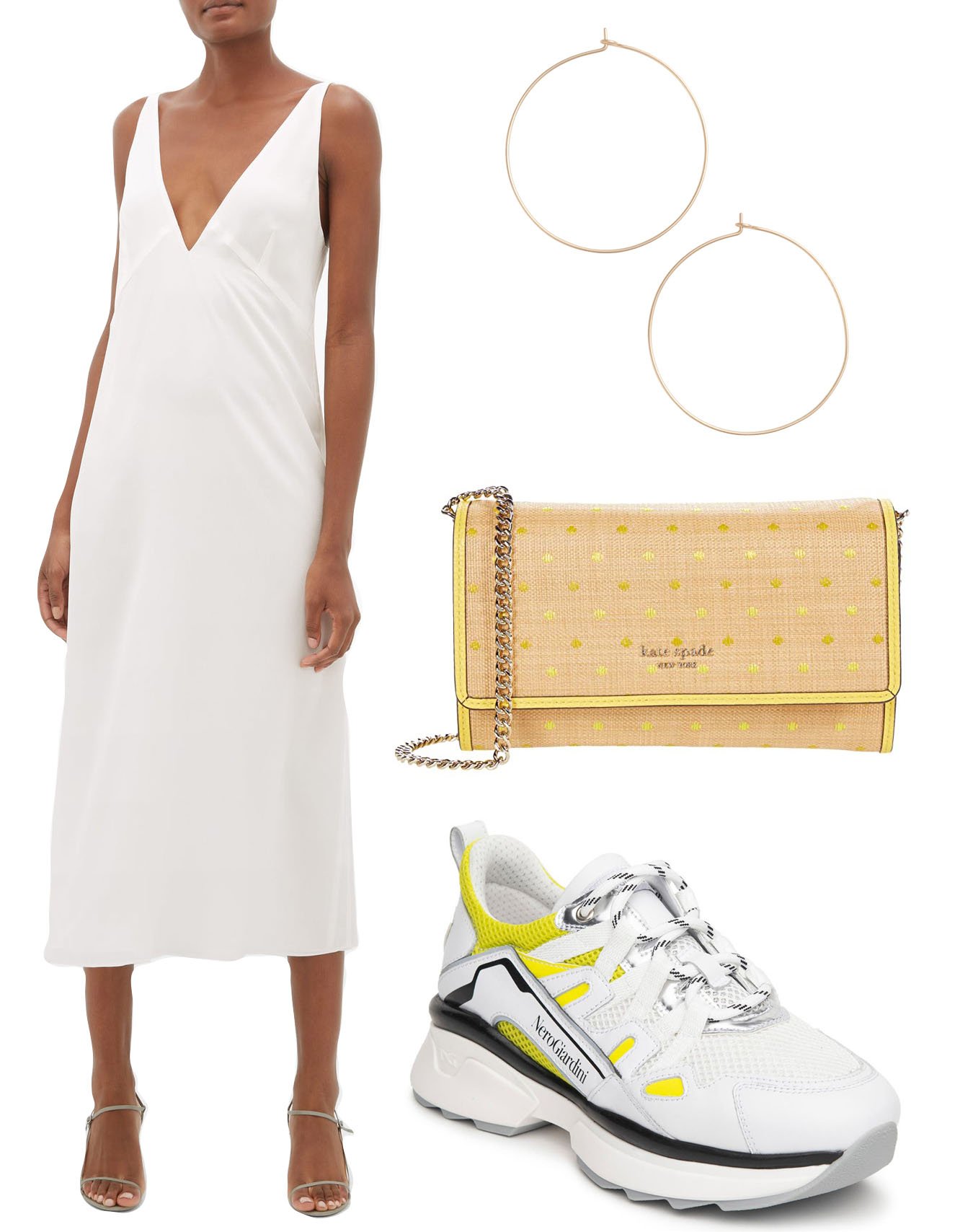 Red carpet ready: Elevating Nerogiardini chunky sneakers with a Raey silk slip dress, complemented by Nashelle hoop earrings and a Kate Spade clutch