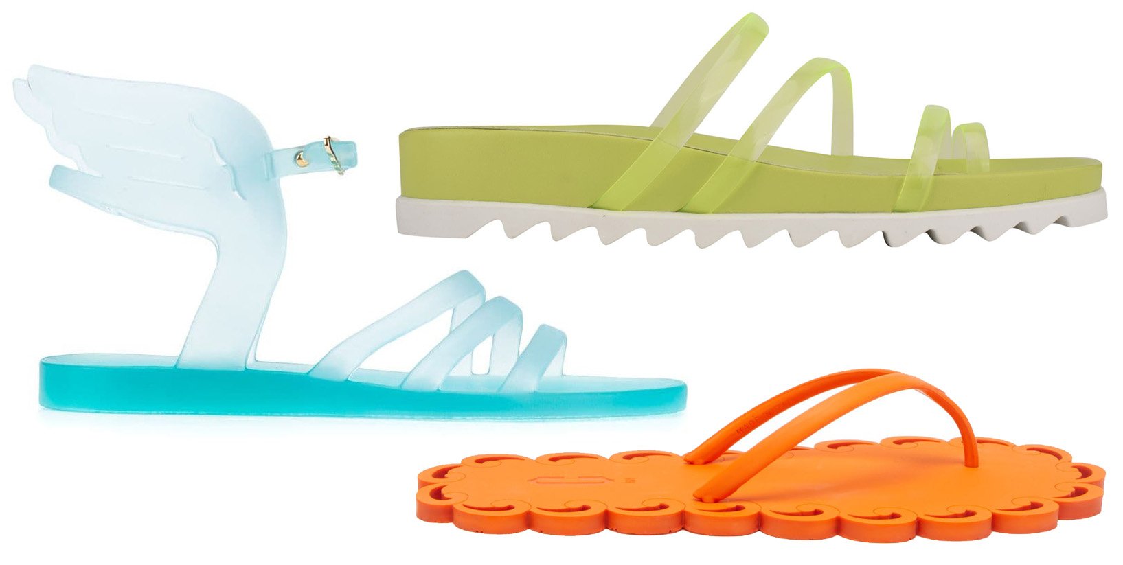 Vibrant summer-ready sandals with Nine West's lime green, Ancient Greek's Ikaria jelly, and Carlotha Ray's scented orange flip flops