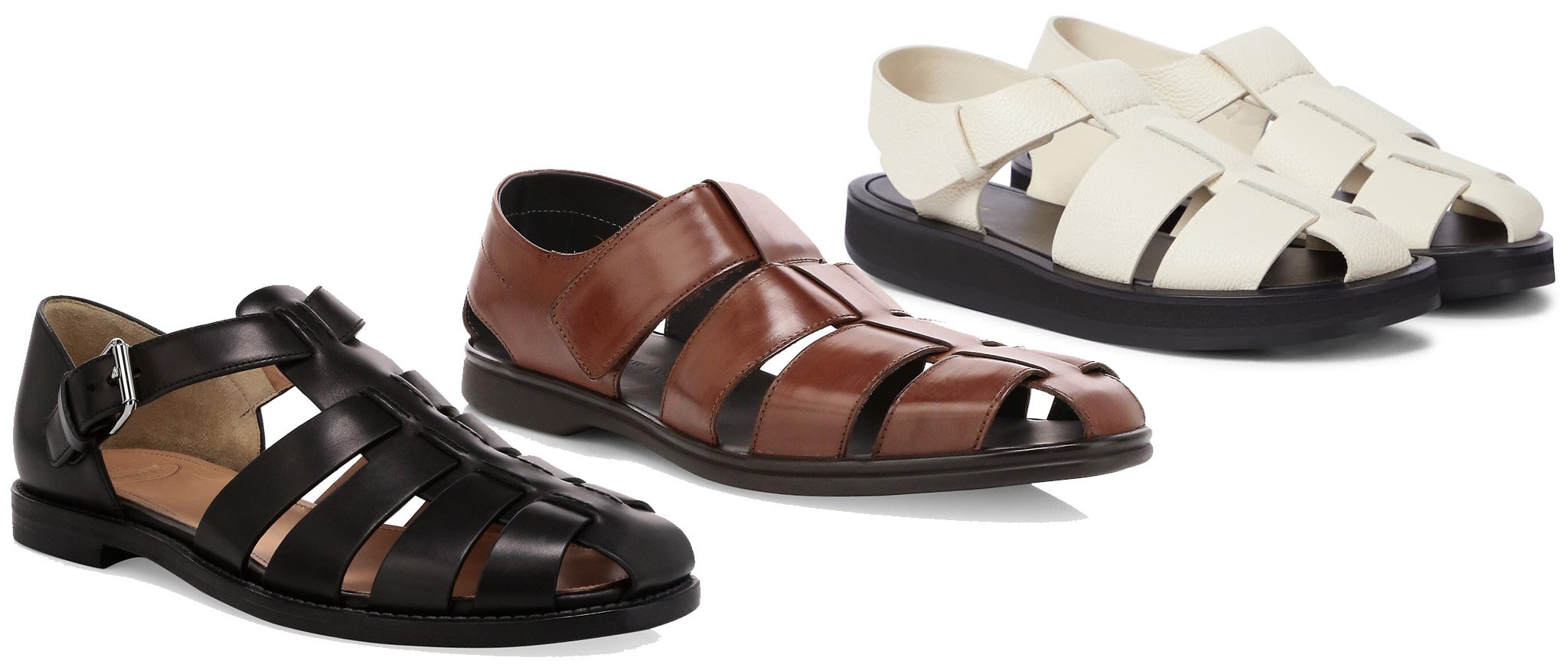 Fisherman sandals in premium leather by Church's, To Boot New York's Santorini design, and The Row's minimalist take