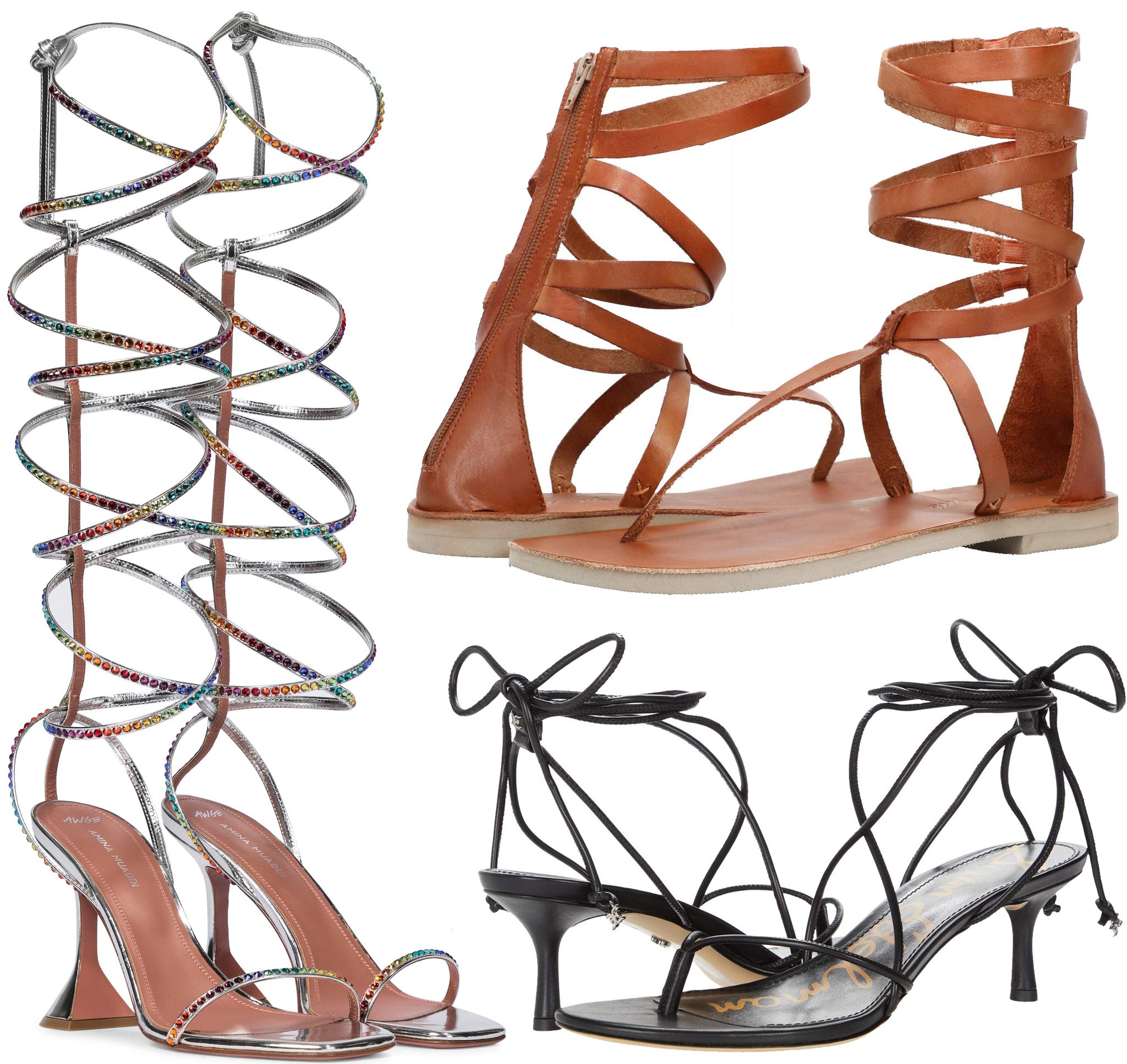 Striking gladiator sandals from Amina Muaddi x AWGE LSD embellished, Free People's Anya, and Sam Edelman's Jamila