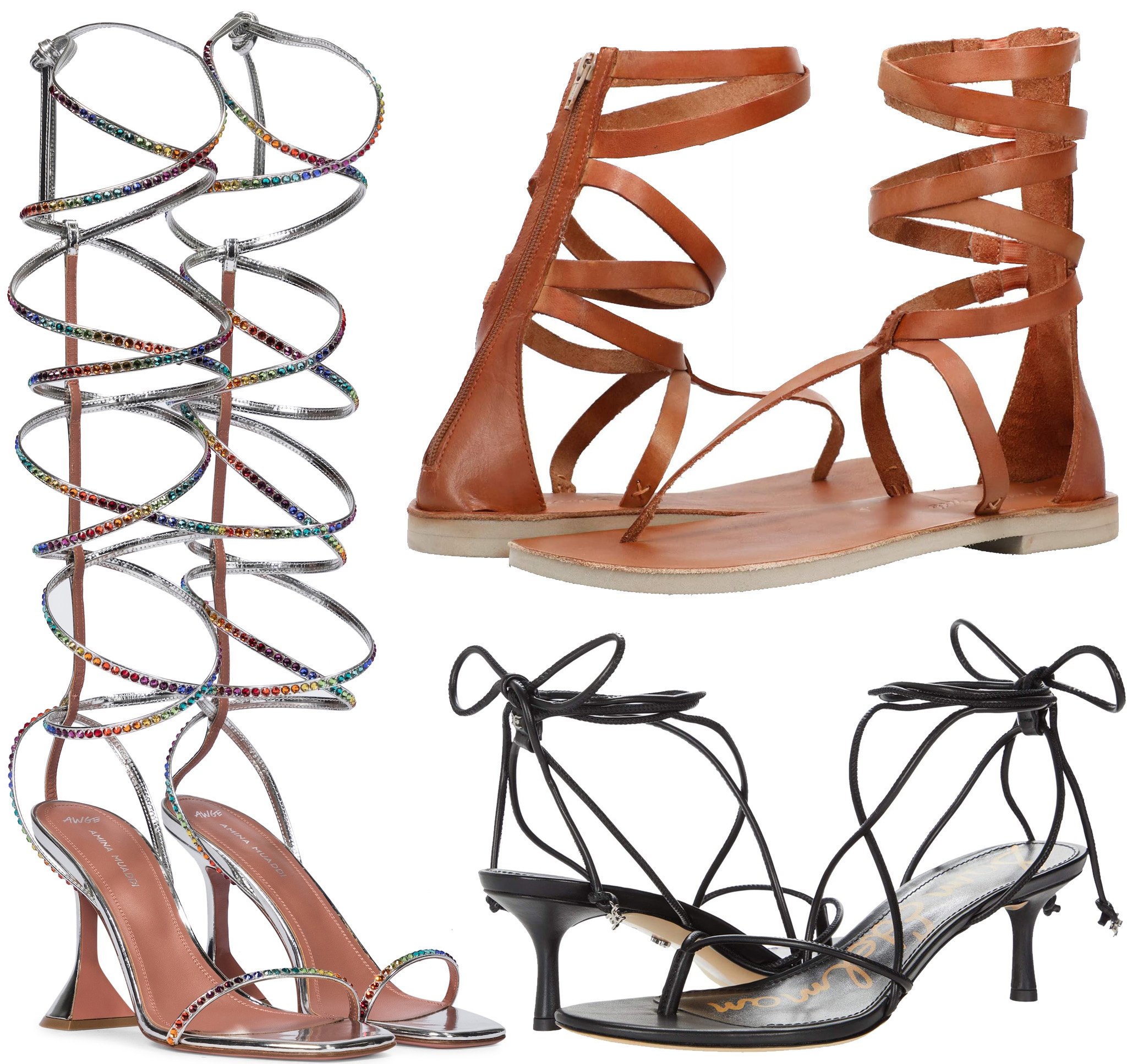 Striking gladiator sandals from Amina Muaddi x AWGE LSD embellished, Free People's Anya, and Sam Edelman's Jamila