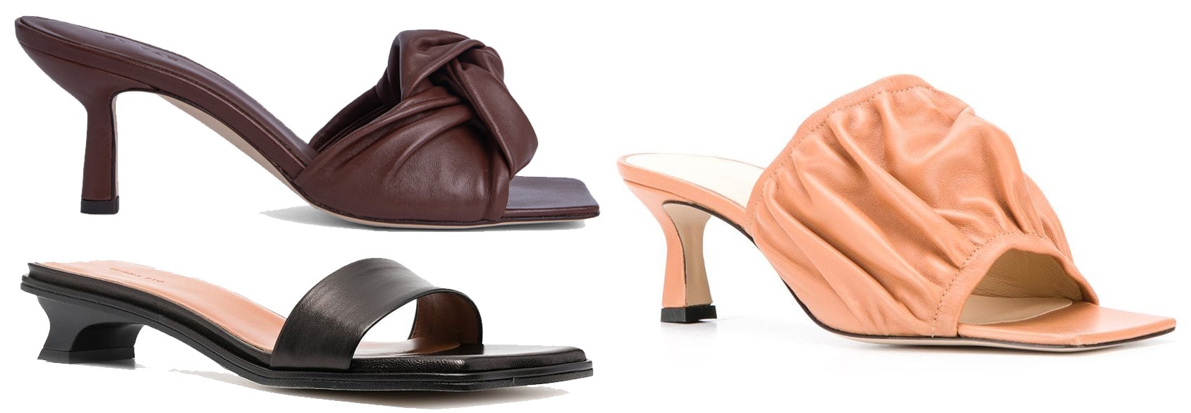 Elegant kitten-heeled mules by By Far Lana, Rejina Pyo's black leather, and Wandler's Ava design for versatile wear