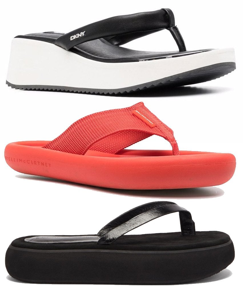 Platform flip flops for a bold statement, including designs by DKNY, Stella McCartney's tubular-sole, and Osoi's boat leather platforms