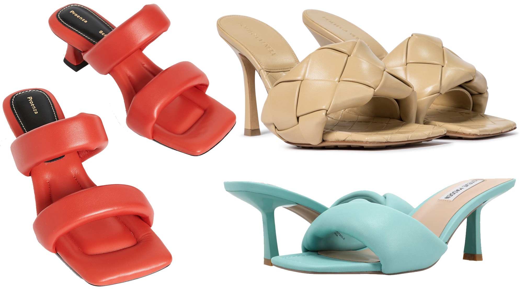 Puffy square-toe heel sandals from Proenza Schouler, Bottega Veneta's BV Lido, and Steve Madden's Thai heeled design