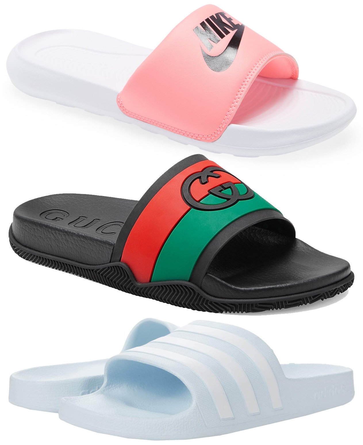 Trendy logo slides featuring Nike's Victori, Gucci's Agrado Interlocking G, and Adidas' Adilette Aqua for poolside chic