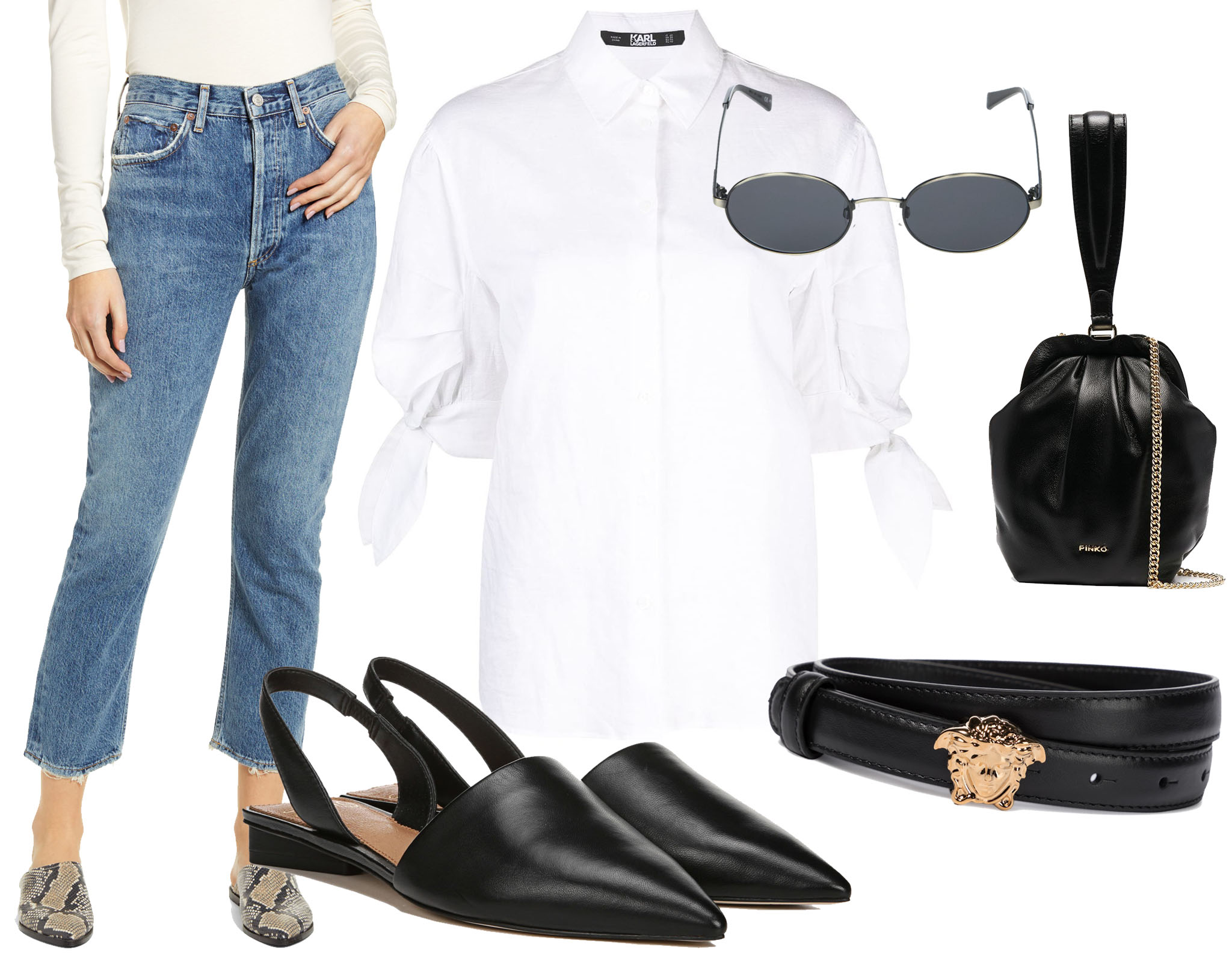 Classically Tailored: Highlighting a polished look with Agolde high-waist jeans, Karl Lagerfeld shirt, Franco Sarto flats, complemented by a statement Versace belt and Pinko bag for a refined finish