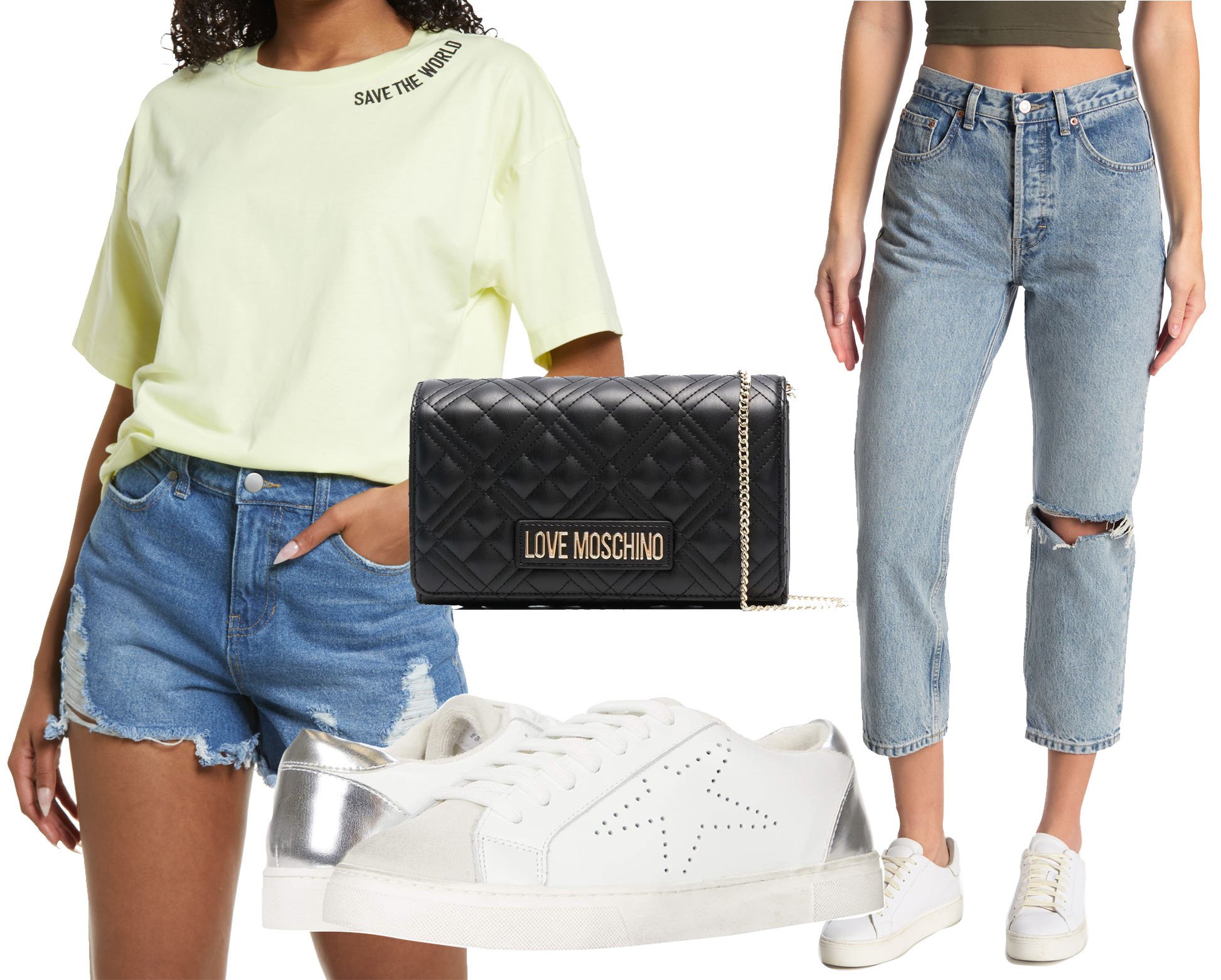 Casual Chic: A perfect ensemble featuring a BP. knit oversized tee, Love Moschino shoulder bag, Steve Madden sneakers, and Topshop straight-leg jeans, blending comfort with style