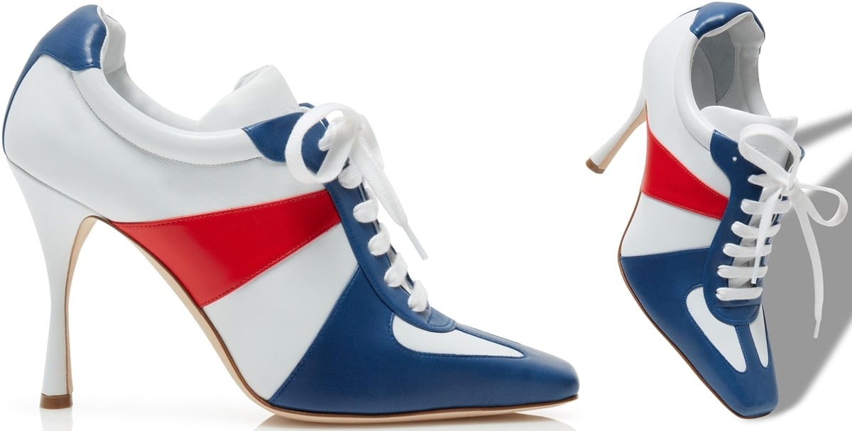 Blue, white, and red Manolo Blahnik 105mm "Bandiera" tricolor leather sporty booties