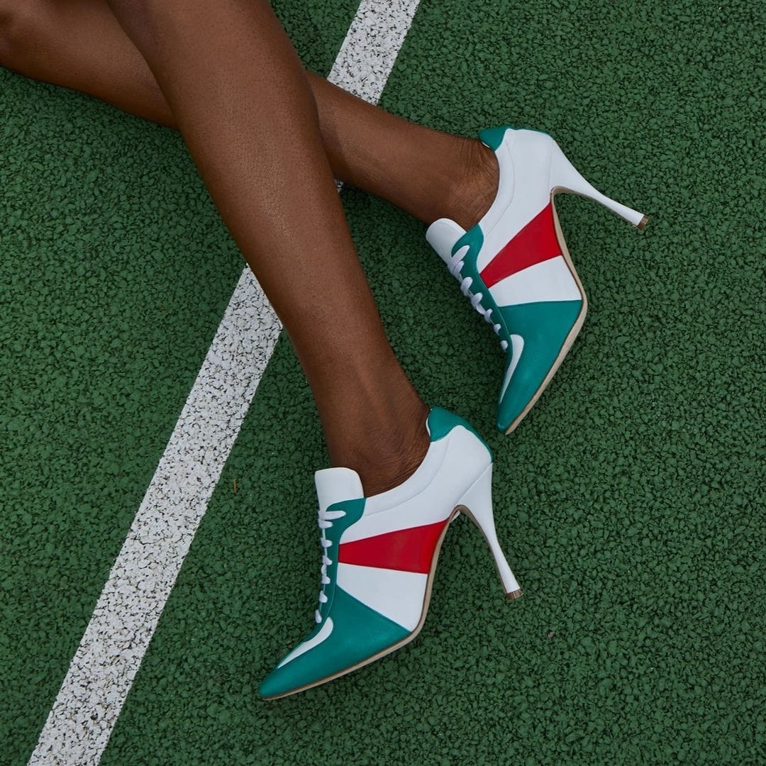 Green, white, and red Manolo Blahnik 105mm "Bandiera" tricolor leather sporty booties